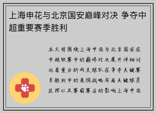 上海申花与北京国安巅峰对决 争夺中超重要赛季胜利